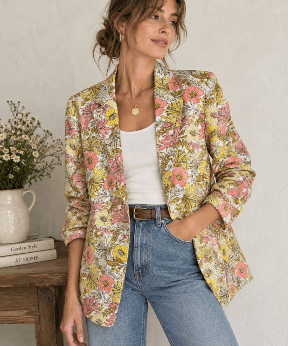 LOFT Floral Linen Blend Blazer 8 Retro Botanical Dopamine Art Teacher Mod